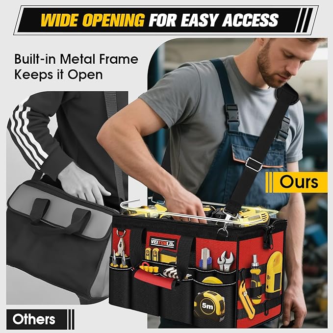 16-Inch Heavy Duty Tool Bag, 19-Pockets Tool Box Organizer, Portable Toolbag W/Soft Handle for Organized Storage, Mechanic Gifts for Him Men Husband Valentines Day, Wide Mouth Electrician Toolbox, Red