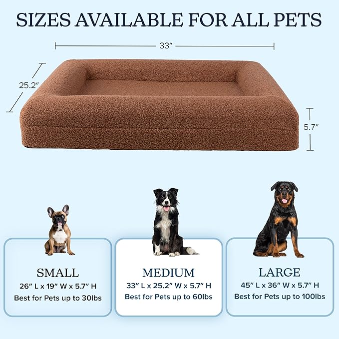 PETMAKER Orthopedic Pet Bed - 33in Medium Dog Bed with Supportive Bolster, Nonslip Bottom, and Removable Washable Cover - Memory Foam Puppy Bed for Medium Dogs - Dog Products (Brown)