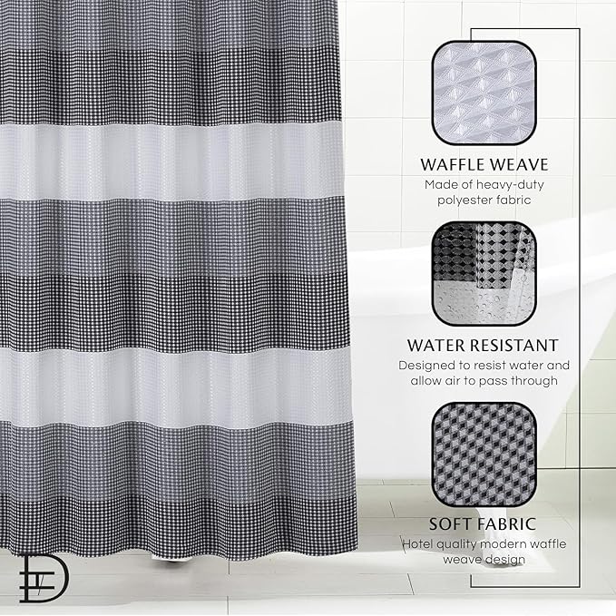 Dainty Home | Black Ombre Waffle Weave Shower Curtain - 70" x 72" - Water Resistant Polyester Blend Fabric Shower Curtain - The Best Gradient Design Washable Waffle Shower Curtain