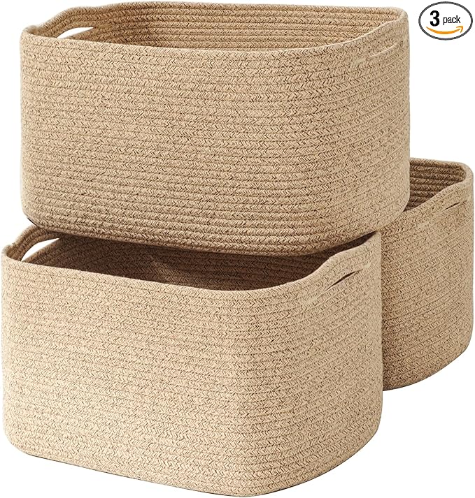 ICERZCZ Large Storage Baskets for Organizing Shelves, Woven Cotton Rope Bins for Baby Nursery Organization, Book Toy Towel Organizer, 17"x13"x9.5", 3 Packs, Brown