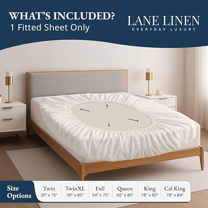 Lane Linen 100% Egyptian Cotton Twin XL Size Fitted Sheet Only (39"x81" + 15") - Elegant Sateen Weave, Ultra Soft, Breathable, Highly Durable, Deep Pockets Upto 17" - Swiss Dot Ivory