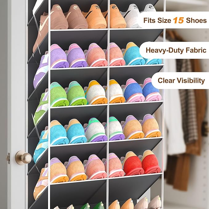 UVIAHOMI 30 Pairs Over the Door Shoe Organizer, Clear Pockets Hanging Shoe Storage for Closet, 10-Tier Door Shoes Rack Storage Fit All the Family's Sneakers, Boots, Heels, Dark Grey