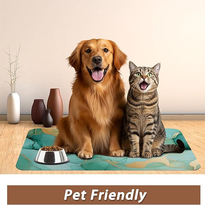Marble Dog Food Mat for Floors,Green Gold Flowing Marble Absorbent Quick-Dry Pet Feeding Mat,Cat Dog Bowl Mats for Food and Water,Non-Slip Pet Accessories Supplies 16"x24"