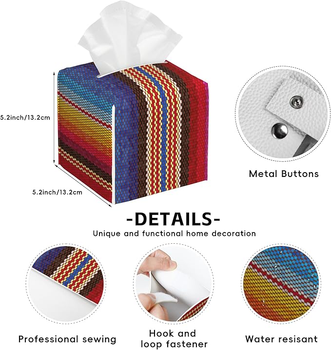 Colorful Stripes Tissue Box Cover,Mexican Stripes PU Leather Tissue Box Holder Square,Modern Home Decoration for Bathroom Living Room Kitchen Office Car,5.2"×5.2"×5.2"