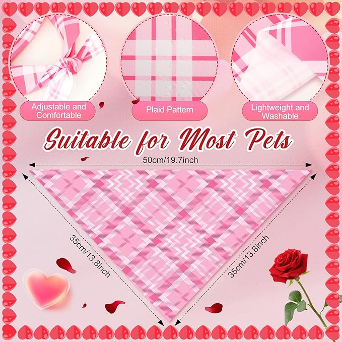 Abbylike 50 Pcs Valentines Day Plaid Dog Bandanas Bulk Pink Red Bandanas for Dogs Triangle Kerchief Bibs Scarf for Pet Romantic Costume Photo Props Accessories Pet Shops Groomers (19.7 x 13.8 x 13.8)