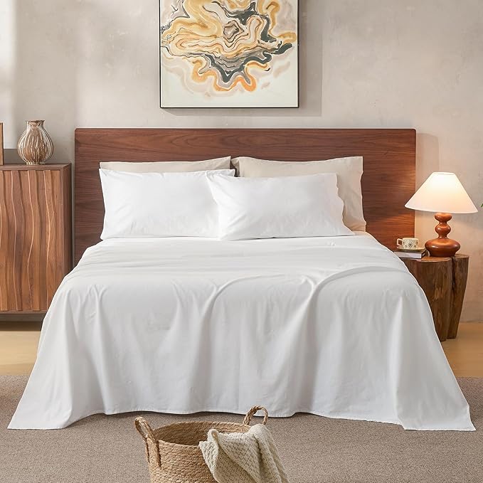 100% Linen Sheets King Size,Breathable & Durable 4-Piece Bed Flax Sheet Set,Soft All-Season Bedding for Hot Sleepers 16" Deep Pocket Oeko-TEX Certified,（King, White）
