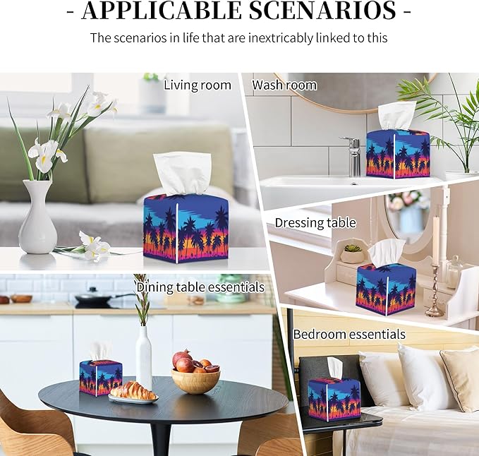 POIUBLE Leather Tissue Box Holder Palm Trees at Sunset Tissue Box Cover Square Waterproof Tissue Holder Organizer Modern Napkin Holder for Bedroom Dresser Night Stand Office Desk