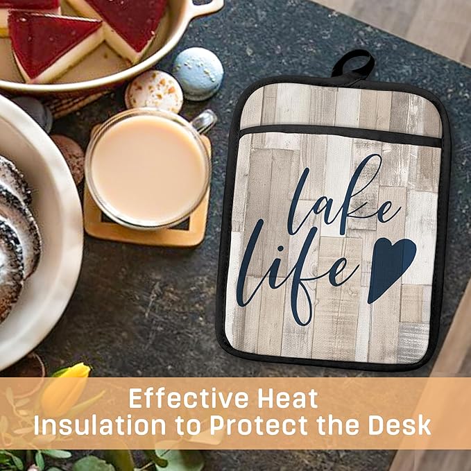 Lake Life Gifts Pot Holders with Pockets, Lake Life House Gifts for Cabin Owners Women Oven Pot Holders Heat Resistant Oven Mitts Hot Pads for Kitchen Baking Cooking (Cream)