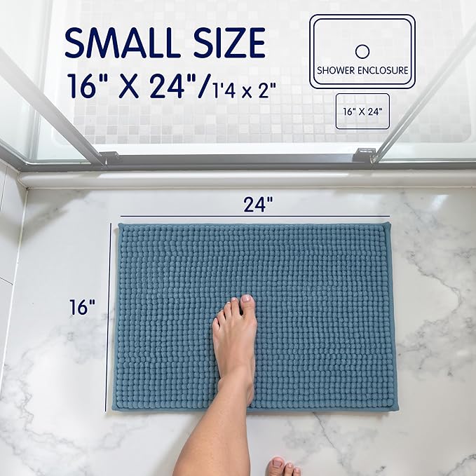 SUBRTEX Bathroom Rugs Chenille Bath Rug Soft Short Plush Bath Mat Soft Shower Mat Water Absorbent Shower Mat Quick Dry Machine Washable(Stone Blue,16" x 24")