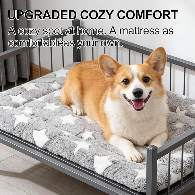 Fogkiss Dog Crate Mat, 4 Piece Reversible Pet Bed, Polyester, Machine Washable, Small Dogs & Cats, Rectangular (Gray Star, 24" L x 18" W x 1.5" Th)