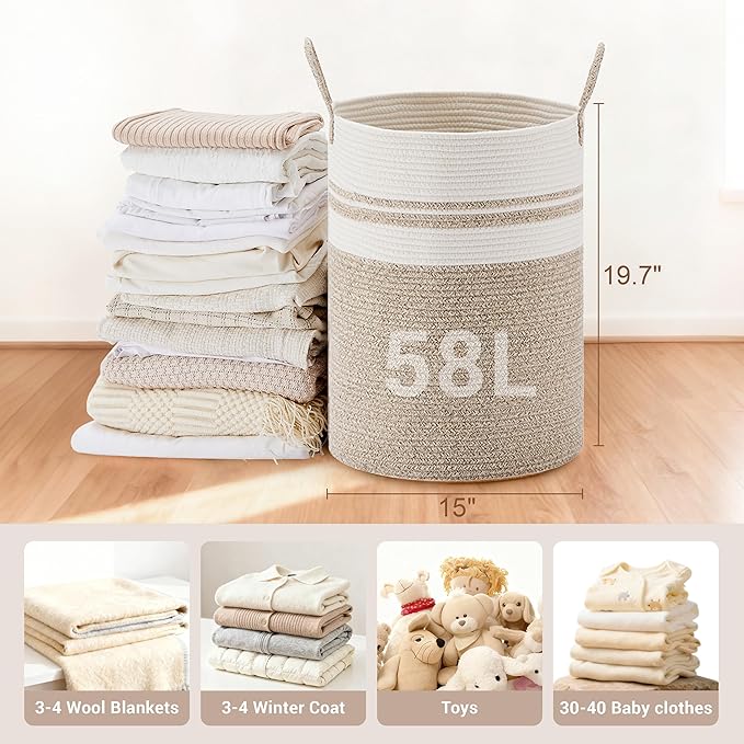 SunNewt Tall Laundry Basket with Handles, 100L Portable Dirty Clothes Hamper, Boho Cotton Rope Storage Bin for Blankets Kids Toys Gifts, Extra Large Organizer for Nursery Bedroom Bathroom, New Brown