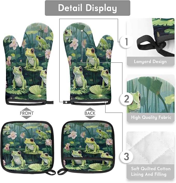 Oven Mitts and Pot Holders Sets of 2,Animal Frog Pattern Heat Resistant Kitchen Oven Gloves Potholder for Baking Grilling BBQ Cooking