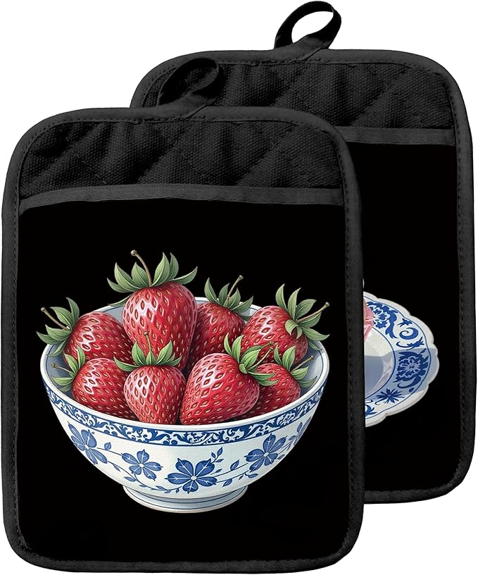 Chinoiserie Strawberry Cake Pot Holders with Pockets, Red and White Grandmillennial Strawberry Fruit Oven Pot Holders Heat Resistant Oven Mitts Hot Pads for Kitchen Baking Cooking