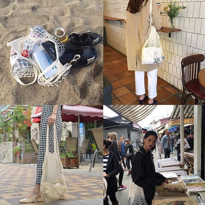 Ahyuan Ecology Reusable Cotton Mesh Grocery Bags 5Pack Long Hand Cotton Mesh String Net Shopping Tote Bags