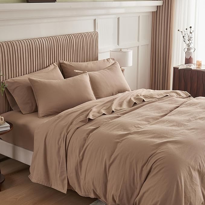 Simple&Opulence Belgian Linen Sheet Set Solid Color - 6 Pieces (1 Flat Sheet & 1 Fitted Sheet & 4 Pillowcases) 16" Deep Pocket Natural Flax Cotton Blended Soft Bedding - Clay, King Size