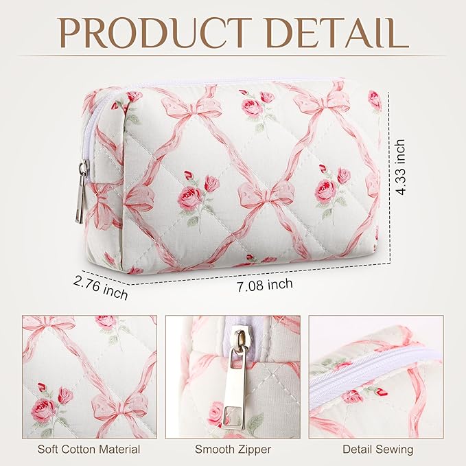 Paterr 6 Pcs Quilted Makeup Bag Bulk for Women Girls Birthday Valentine's Day Bridesmaid Gifts Cute Cotton Cosmetic Pouch Bow Floral Coquette Aesthetic Travel Toiletry Bag(Bowknot Rose,Pink)