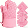Oven Mitts and Pot Holders Sets 6pcs, Kitchen Oven Glove,High Heat Resistant 550 Degree Extra Long Oven Mitts and Potholders with Non-Slip Silicone Surface for Home Essentials (Grey) (Blush Pink)