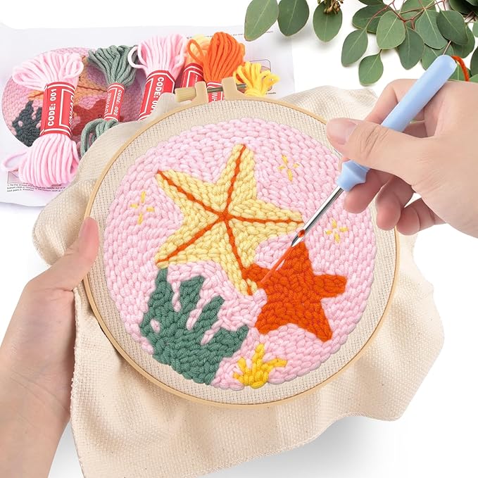 ERKOON Punch Needle Kit Adults Beginners, DIY Easy Sea Animals Embroidery Set for Starter Art Craft, Needling Punch Project with Patterns, Tools, Yarns, Hoop, Instruction (Starfish)