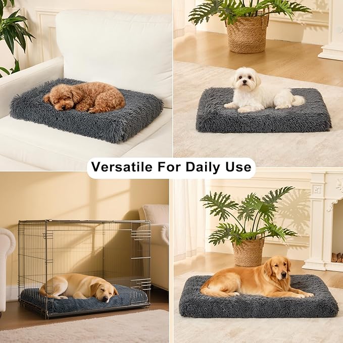 Fluffy Orthopedic Dog Beds for Puppy/Cats with Washable Removable Cover Dog Crate Bed Egg Crate Foam Support Plush Pet Pad Mat with Anti-Slip Bottom (24 * 16,Dark Grey)