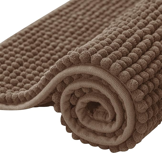 SUBRTEX Bathroom Rugs, 20" x 32" Chenille Bath Rug Soft Short Plush Bath Mat Soft Shower Mat Water Absorbent Shower Mat Quick Dry Machine Washable, Brown