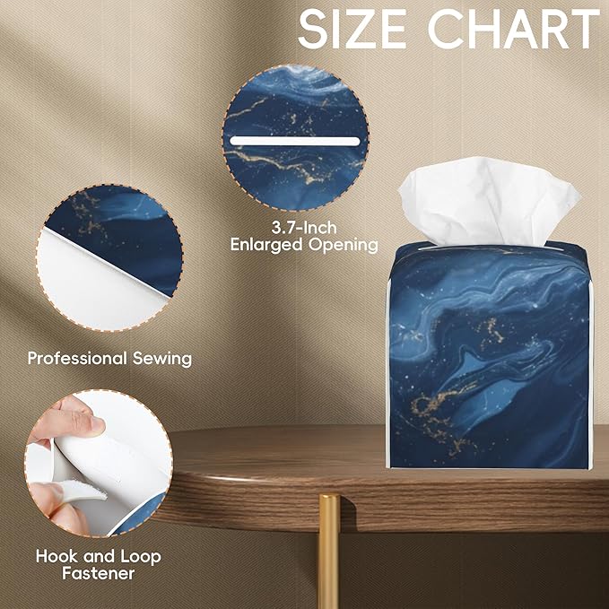 Tissue Box Cover Leather Tissue Box Holder Cube Tissue Case Cover Facial Paper Organizer Dispenser for Bathroom, Vanity Countertop, Office Desk (Abstract Blue Marble with Gold Veins)
