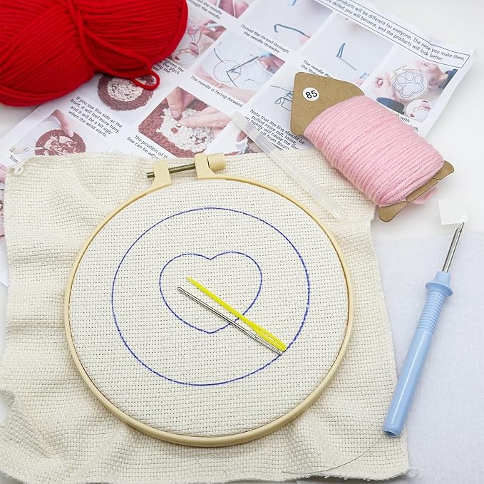 Allazone Punch Needle Kits, Punch Needle Coasters Kit, Punch Embroidery Kit with Felt Yarns Hoop Tools for DIY Coaster Crafts (Heart-Shaped)