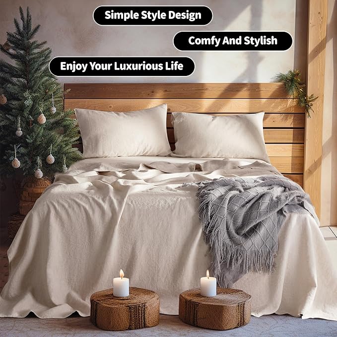 LBRO2M 100% Linen Sheet Set Full Size, Bed Sheets 4 Piece Sets, Solid Color Natural Flax Bed Sheets Soft Breathable Bedding,16" Deep Pocket,All Season (Full, Linen)