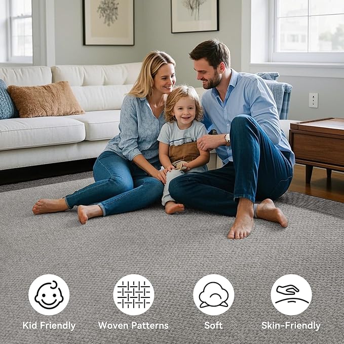 Washable Area Rug 5x7 Large Jute Like Rug for Living Room, Soft Non Slip Rugs Carpet for Dining Room Bedroom Cotton Boho Woven Braided Rugs Home Office Decor, Grey