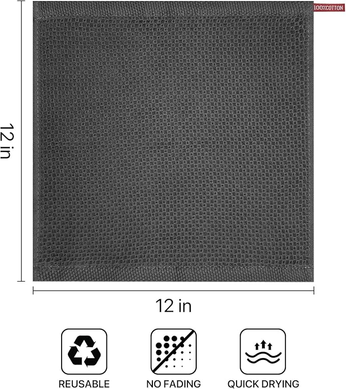 FreeNook 100% Cotton Waffle Weave Kitchen Towels, 6 Pack Dish Cloths for Washing Dishes, Ultra Soft Absorbent Dish Towels, Quick Drying Kitchen Rags, 12x12 Inches, Dark Grey