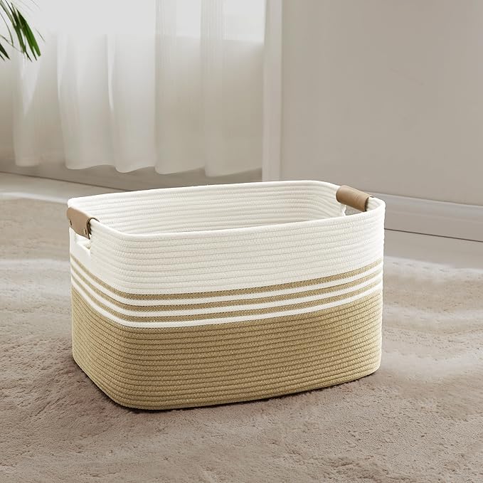 SunNewt 45L Small Laundry Basket with Leather Handles for Living Room Storage, Woven Rope Baskets Bin for Blanket, Kids Toy, Gifts, Wicker Hamper for Bedroom Dirty Clothes, 18"x14"x11" Khaki