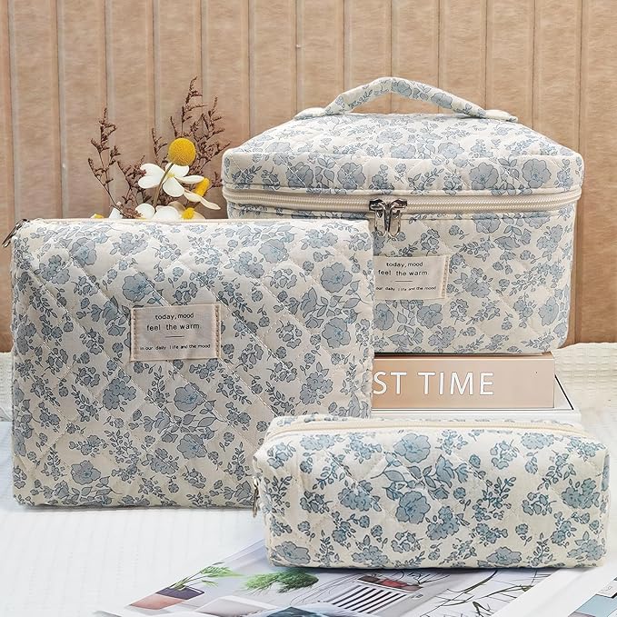Cozomga Quilted Makeup Bag, Large Capacity Travel Cosmetic Bag for Women and Girls, Aesthetic Storage for Daily and Travel Use (3pcs-Orchid)