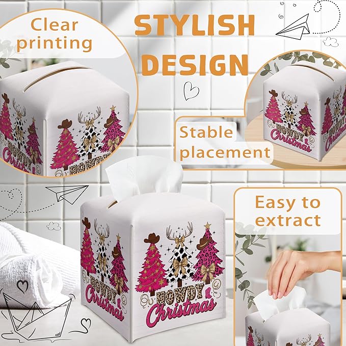 Christmas Tissue Box Holder, Pink Western Cowboy Christmas Trees Leather Tissue Box Cover Square, Paper Facial Decorative Tissues Cover for Night Stands Bathroom Office Home Decor-B08