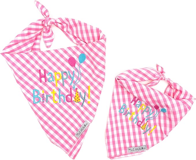 THE WORTHY DOG Classic Tie-Ir Dog Bandana – Soft Cotton Flannel Square Pet Bandana, Happy Birthday Pattern, Pink, Large