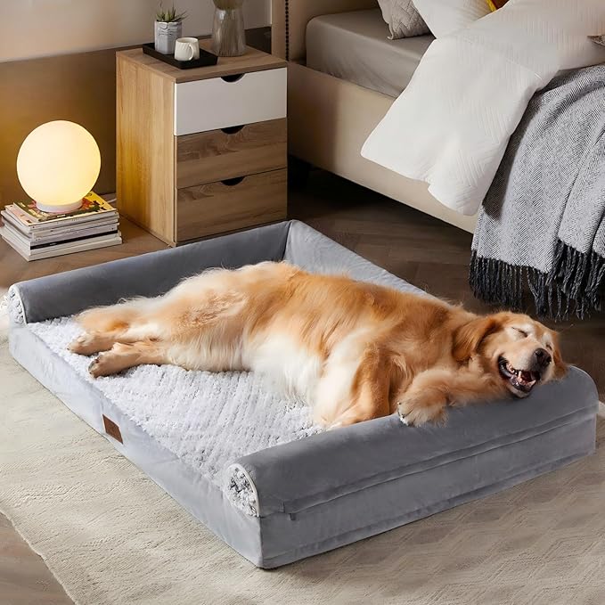 WNPETHOME Orthopedic Dog Beds for Large Dogs, Waterproof Memory Foam Large Dog Bed with Sides, Non-Slip Bottom and Egg-Crate Foam Big Pet Couch Bed with Washable Removable Cover