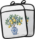 Blue and White Porcelain Lemon Pot Holders with Pockets, Lemon Gifts Pot Holders Heat Resistant Oven Mitts Hot Pads for Kitchen Baking Cooking,Potholders for Kitchens