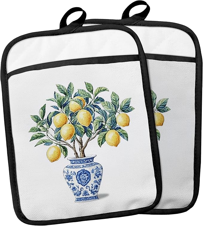 Blue and White Porcelain Lemon Pot Holders with Pockets, Lemon Gifts Pot Holders Heat Resistant Oven Mitts Hot Pads for Kitchen Baking Cooking,Potholders for Kitchens