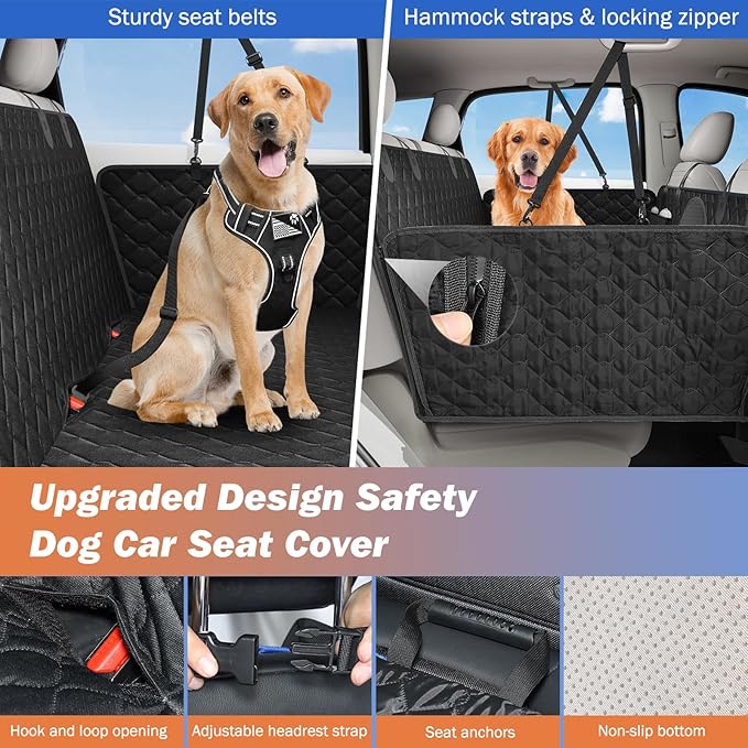 Tivray Back Seat Extender for Dogs, Dog Car Seat Cover for Back Seat Hard Bottom - Holds 330lbs Waterproof Cover for Dogs with Mesh Window & Pocket, Dog Hammock for Car, Small Truck, Black + Black