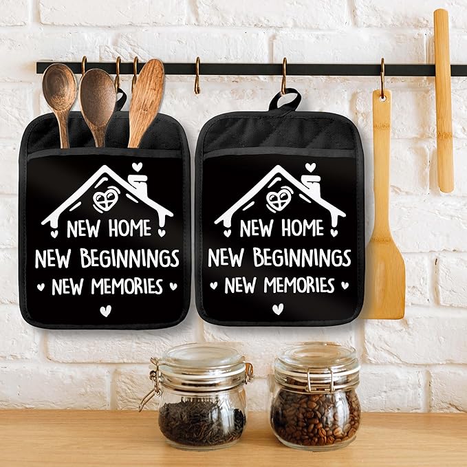 Housewarming Gifts Pot Holders with Pockets, New Homeowner Gifts, New Home Beginnings Memories Oven Pot Holders Heat Resistant Oven Mitts Hot Pads for Kitchen Baking Cooking