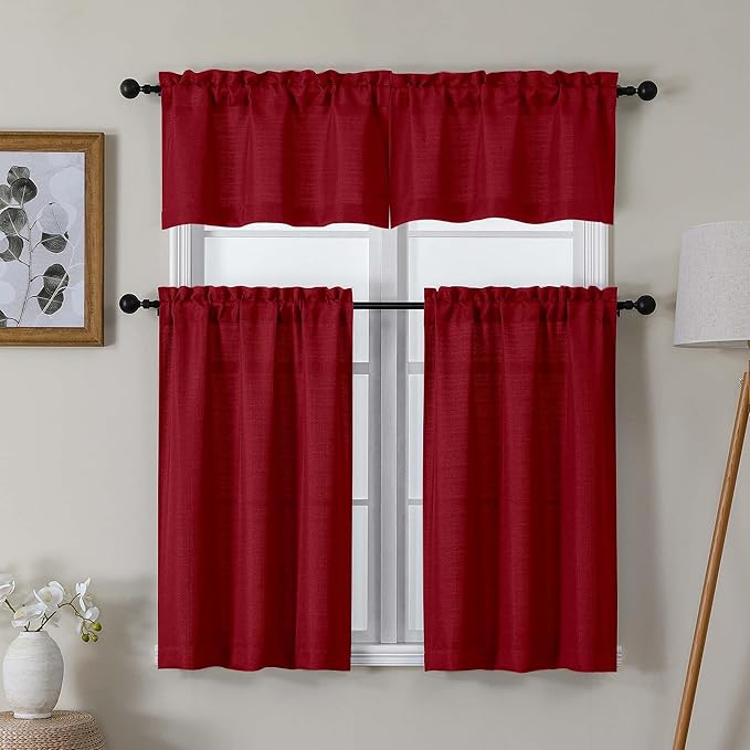 Lecloud Bessie Red Kitchen Curtains 24 Inch Length 2 Pcs, Christmas Faux Linen Textured Short Curtain, Light Filtering Breathable Tiers with Rod Pocket for Cafe Bedroom Bathroom, Each 30" W x 24" L