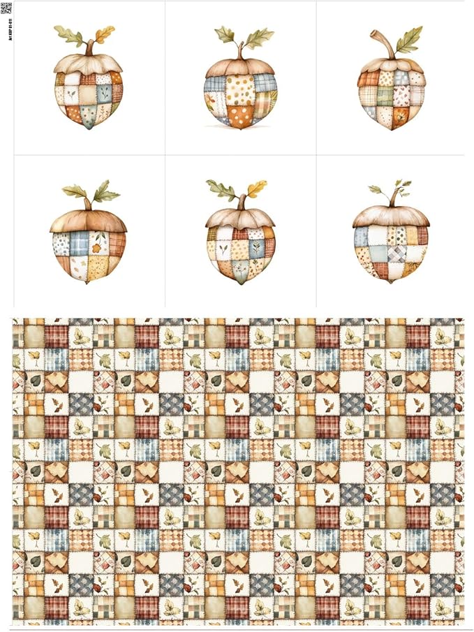 Patchwork Acorn Autumn Cotton Fabric Panel – 6 Designs (10×10 inch Each) + Bonus Sheet 29.5×19.6 inch, 100% Cotton 140 GSM, Made in Türkiye