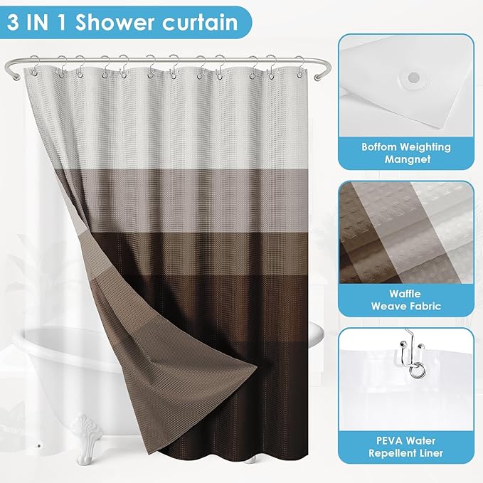 Nesphy Shower Curtain and Liner, Brown Ombre Striped 3 in 1 Shower Curtain and PEVA Liner Set with 12 Rust-Resistant Metal Hooks, Waterproof Fabric Shower Curtains for Bathroom, 72 W x 72 H