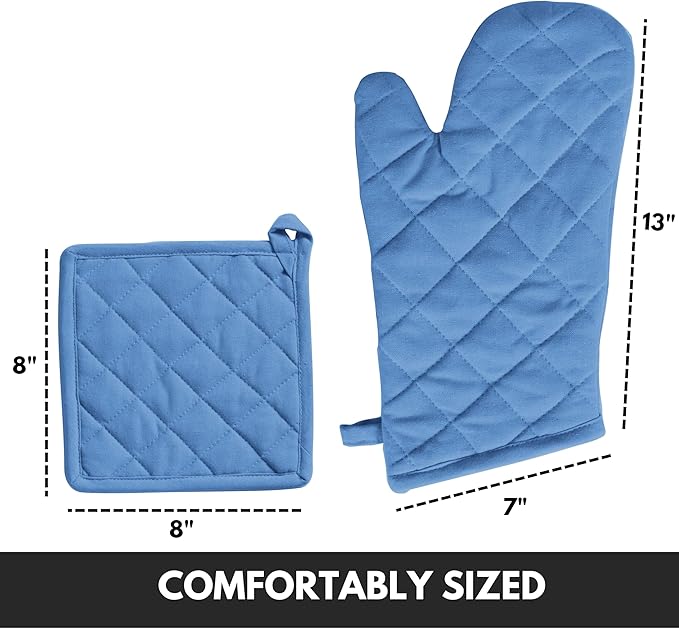 Oven Mitt + Pot Holder 100% Cotton Heat Resistant Kitchen Oven Gloves (7"x13") & Hot Pads (8"x8") for Gifts, Chef, Women & Men - Blue