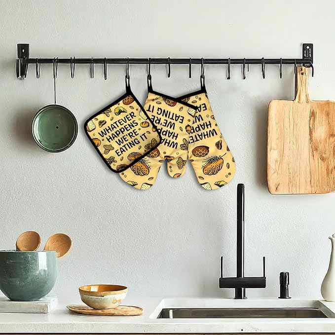 Funny Oven Mitts and Pot Holders Set of 3, Whatever Happens We're Eating It, Heat Resistant Non-Slip Kitchen Mitts Hot Pads, Humorous Baking Gifts, Birthday Gifts for Men Dad Husband Baker