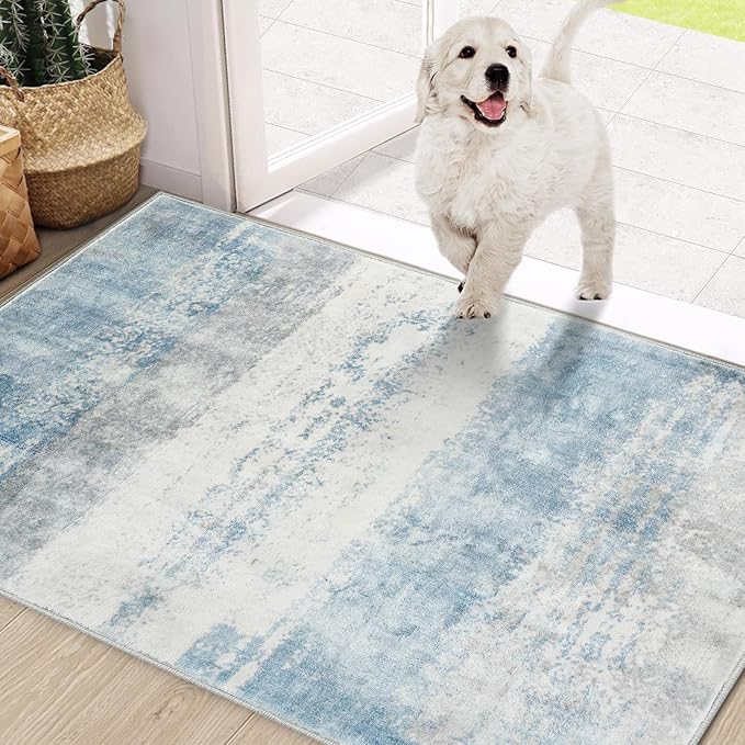 COMSLE Door Mat, Front Door Rug Indoor for Entrance Faux Wool Absorbent Non Slip Modern Throw Rug for Entryway Hallway Muddy Paws - Pet Friendly, 32x48 Inches,Milk Blue Machine Washable