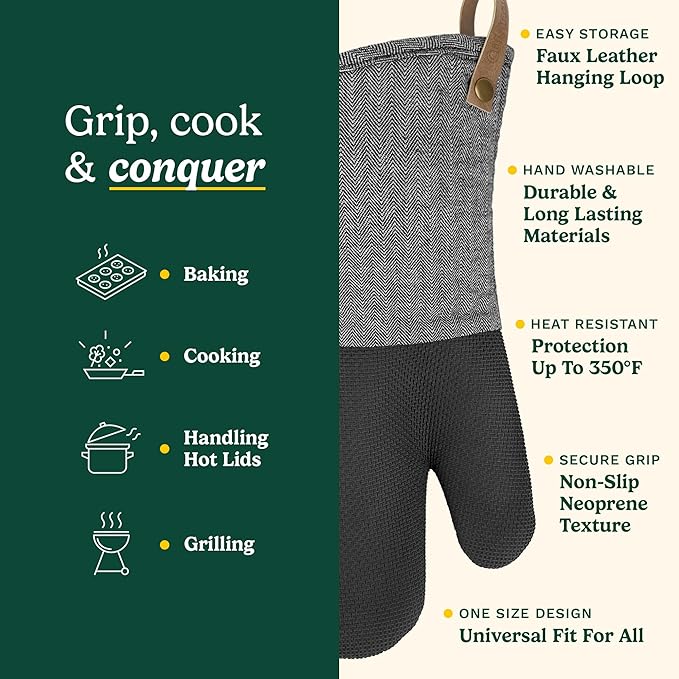 Cuisinart Heritage Kitchen Oven Mitts – Heat-Resistant Mitts for Oven with Non-Slip Neoprene Palm, Long Cuff, and Cotton Filling – Durable Oven Gloves for Cooking, Baking & Grilling (Black Chevron)