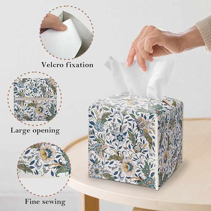 Columbia Blue Block Print Tissue Box Cover Square, Vintage Floral Leather Tissue Box Holder with Bottom Belt, Modern Home Decoration for Nightstands, Dining Table, Office, Car -16