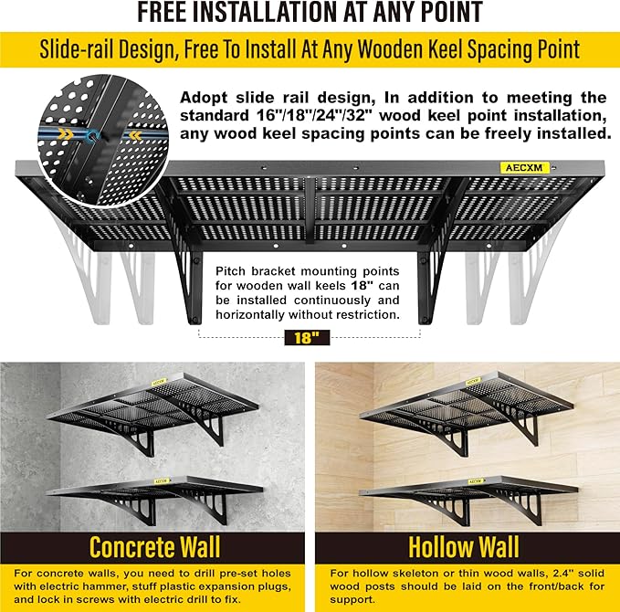 Aecxm 2-Pack 2x3ft Adjustable Garage Wall Shelving 560lbs Load Capacity Heavy Duty Wall Mounted Storage Shelf Metal Floating Shelves for Garage(Black)