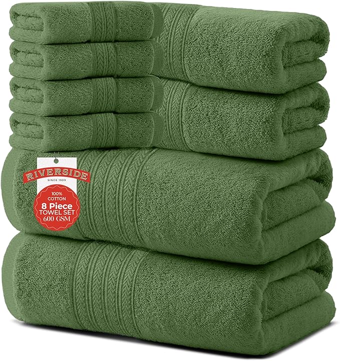 RIVERSIDE Pack of 8 Towels Set, 2 Large Bath, 2 Hand, 4 Face Washcloths, 100% Cotton Hotel Quality, Super Soft, Quick Dry, Highly Absorbent Perfect for Bathroom, Sage Green