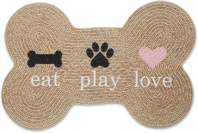 DII Braided Pet Mat Collection 100% Cotton, Bone Shape, Stone Eat Play Love