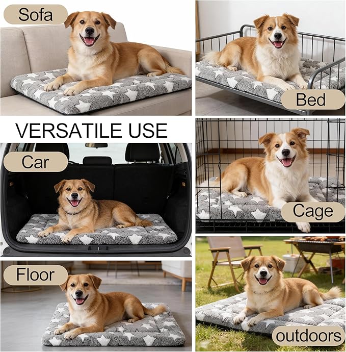 Fogkiss Dog Crate Mat, 4 Piece Reversible Pet Bed, Polyester, Machine Washable, Small Dogs & Cats, Rectangular(Gray Star, 30" L x 20" W x 1.5" Th)